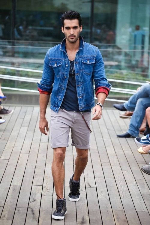 His take on summer Urban style means chino shorts and a denim jacket.
