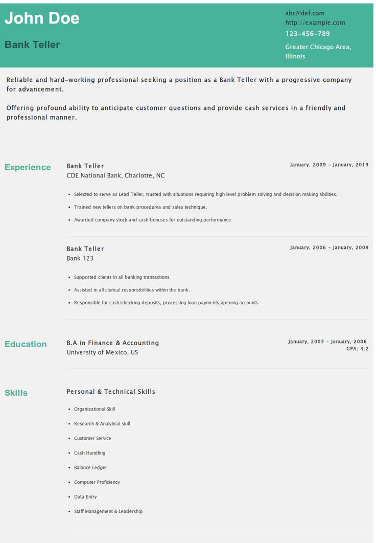 sample of bank teller resume