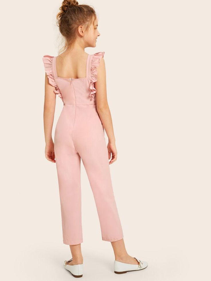SheIn Women/'s Sleeveless Shirred Ruffle Trim Solid Overall Jumpsuit Romper