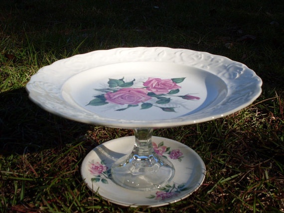 Items similar to Shabby Roses Pedestal Cake Stand TREASURY 