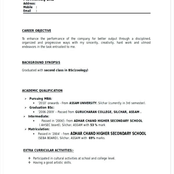Resume Format For Bsc Zoology Resume Templates Lebenslauf