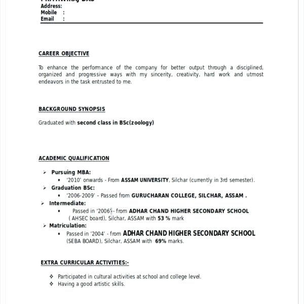 Sample Resume Format For Zoology Freshers