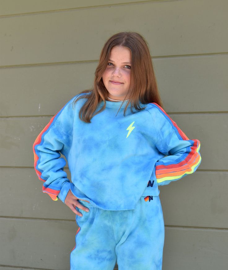 Aviator Nation Women TieDye Neon Blue Bolt Crop Sweatshirt Preppy