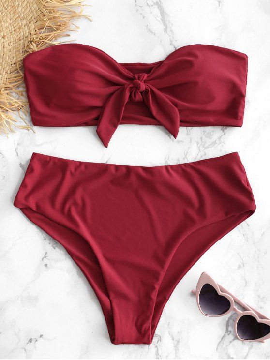 Knotted Bandeau Bikini Set - RED WINE M