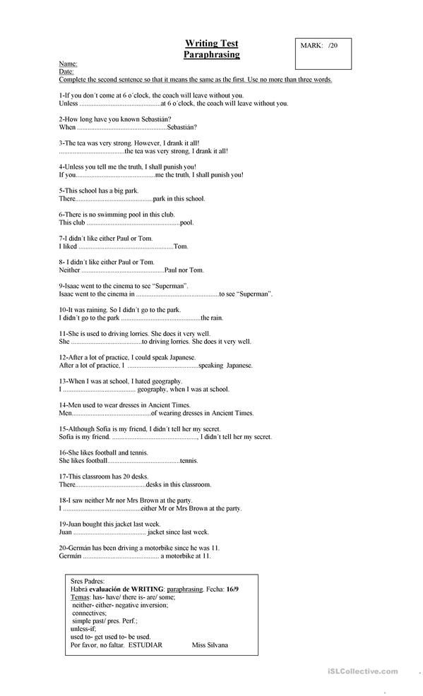 Paraphrasing For Pet Ejercicios De Ingles Ingles Ejercicios