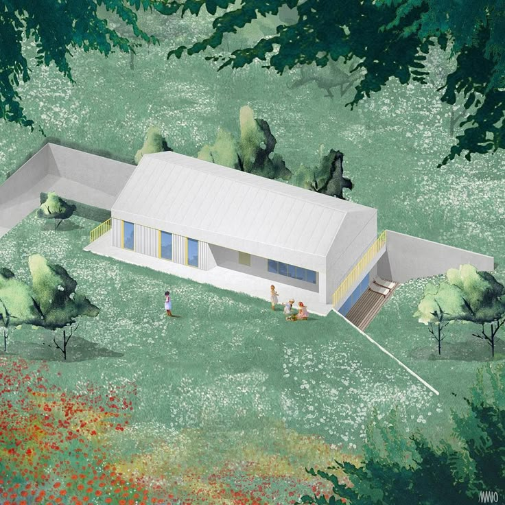 an artist's rendering of a house in the middle of a field with trees