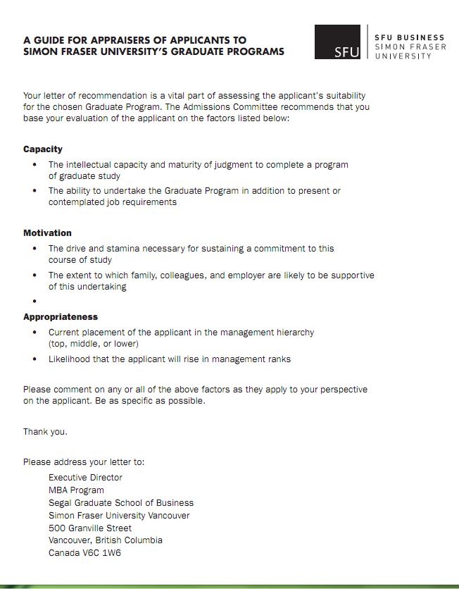SFU Business School official guide for applicant appraisals (by - recoommendation letter guide SFU Business School official guide for applicant appraisals (by - recoommendation letter guide