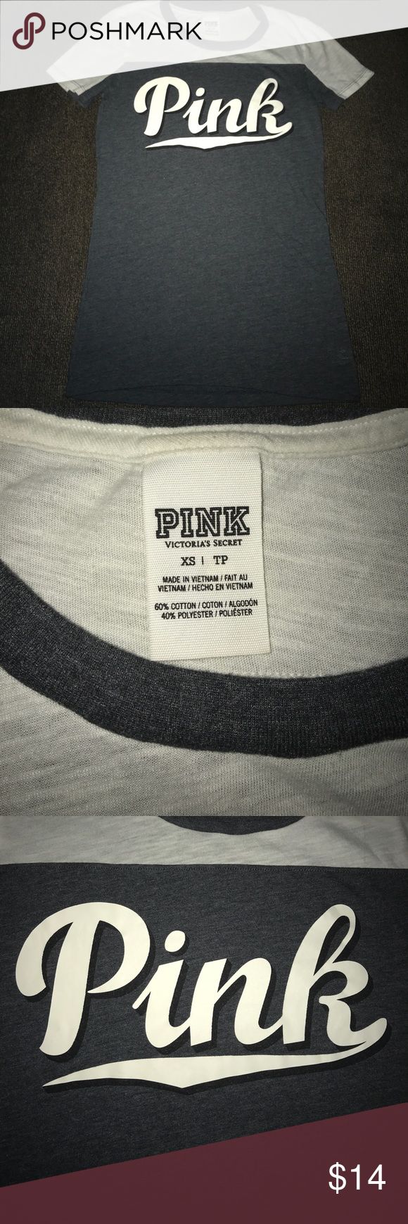 Victoria Secret Pink Tee Size XS Excellent condition. No flaws or piling. Fits true to size. Gray and cream. No cracking on symbol. Lowest offer is the price listed. No trades or Mercari. Price firm unless bundled. No offers on bundles that are already discounted. PINK Victoria's Secret Tops Tees - Short Sleeve