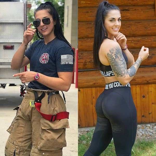 two women in matching outfits one with tattoos and the other without piercings, both wearing firefighter's gear