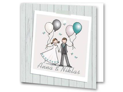 Moderne Hochzeitseinladung Mit Einer Comicillustration Von Einem Brautpaar Auf Einem Polaroid Foto Mit Luftballons In D Hochzeitseinladung Hochzeit Einladungen