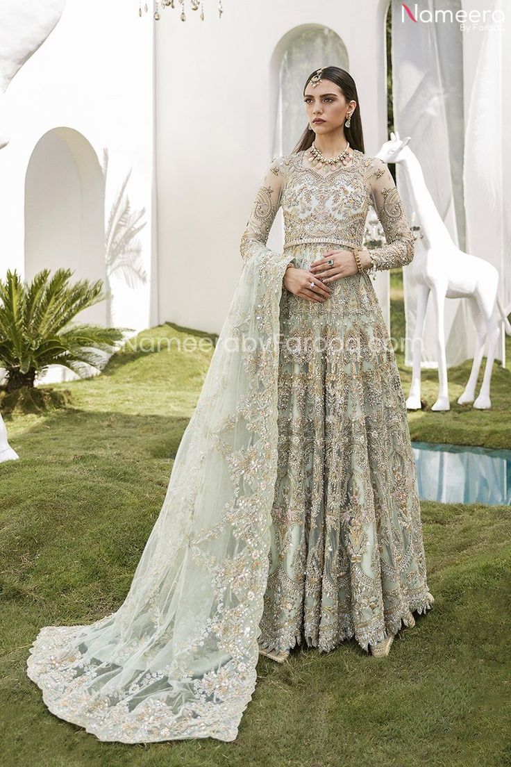 Pakistani Bridal Mint Green Lehenga in Gown Style BN993 MEDIUM