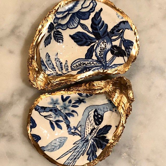statement oyster modern abstract beach gift blue ocean blue white and silver marble Blue wave oyster shell ring dish BOHO jewelry dish