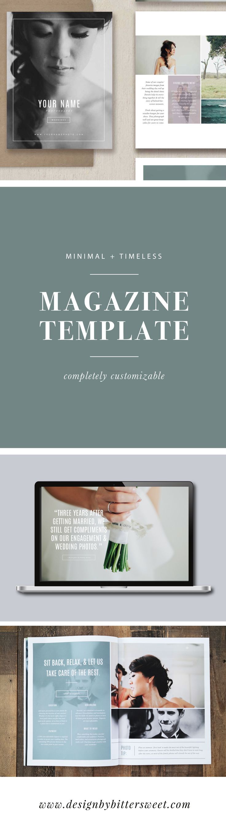 Create a beautiful magazine for your photography studio! With pre-written text & a completely customizable design, you can easily create a beautiful publication to match your current branding. Drag and drop your logo directly onto the Photoshop files for more of a custom look! Images by @sammblake