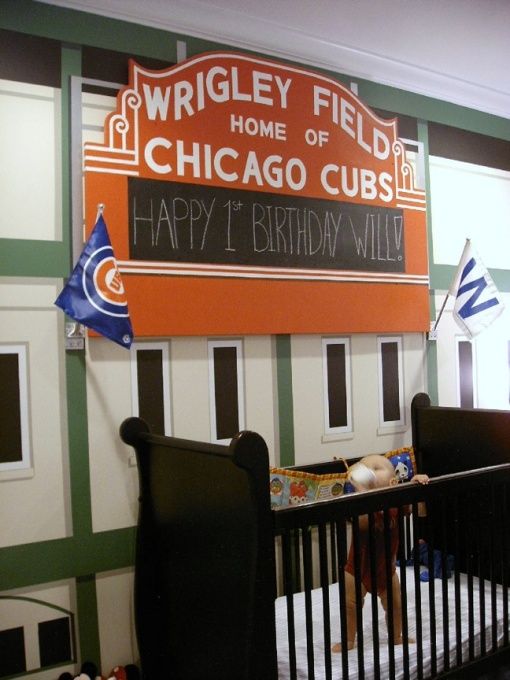 go cubs!, a wrigley field inspired bedroom. three pinstriped walls