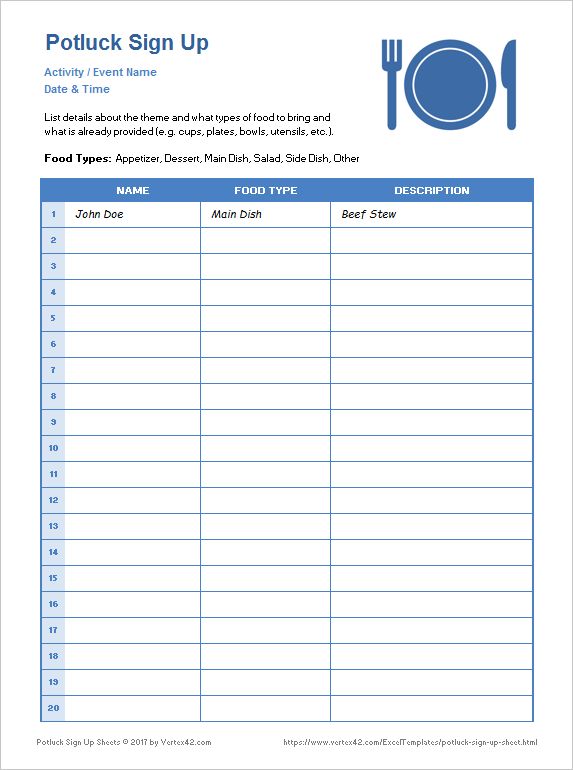 Free printable Potluck Sign Up Sheets for Excel or Google Sheets. Great for the office or church activities, including designs for Halloween, Thanksgiving and Christmas.