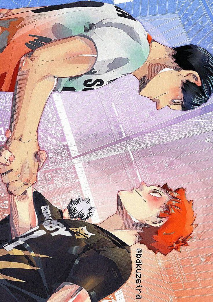 two anime characters one is jumping and the other is laying on the