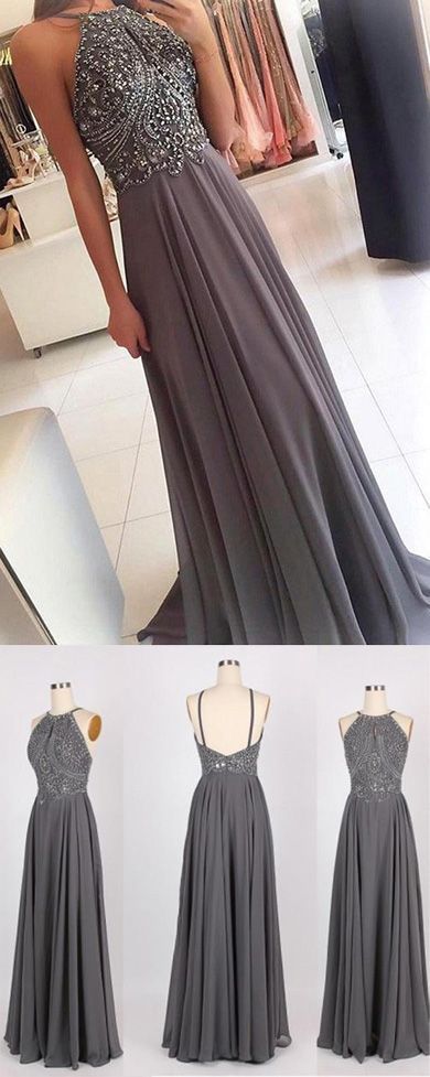 Grey Chiffon Halter Long Prom Dresses with Beading Homecoming Formal Dress for G...