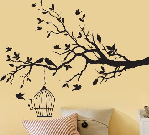 Black Tree Branch Wall Decal With A Bird Cage And Birds Vinyl Black Tree Branch Wall Decal With A Bird Cage And Birds Vinyl Decals On Etsy 69 00 Household Design Decor Pinterest