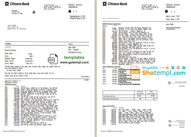 USA Citizens bank statement template in Word and PDF format, (4 pages