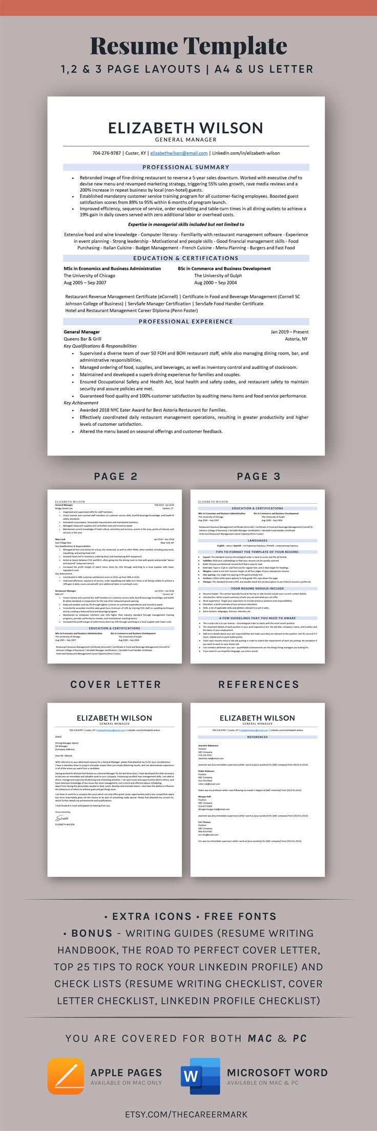 ATS Friendly Resume Template for Word Mac Pages CV Template One ATS Friendly Resume Template for Word Mac Pages CV Template One