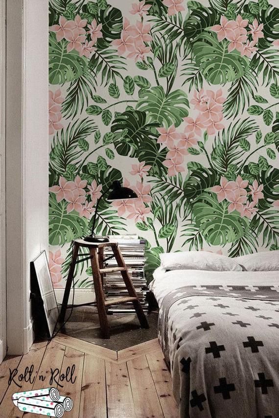 Tropical removable wallpaper Floral Watercolor leaves Summer Island home decor Tropical removable wallpaper Floral Watercolor leaves Summer Island home decor