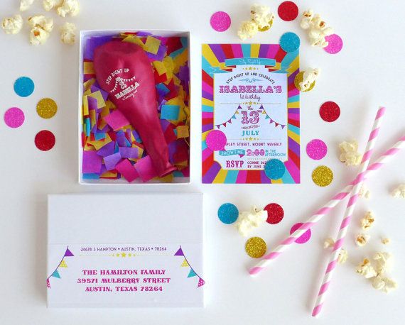 circus carnival boxed balloon invitations with by ohgoodiedesigns