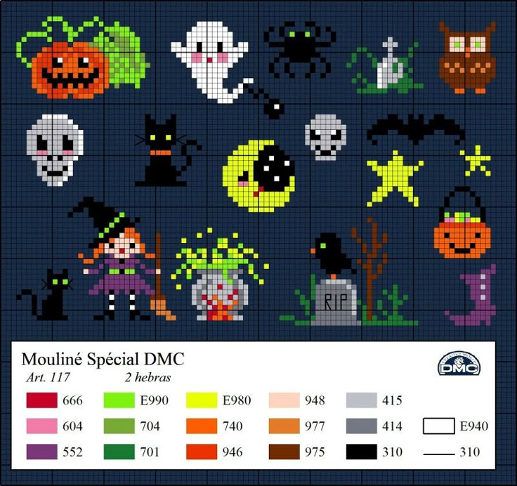 Dmc free pattern cross stitch mini Halloween motif witch cat pumpkin