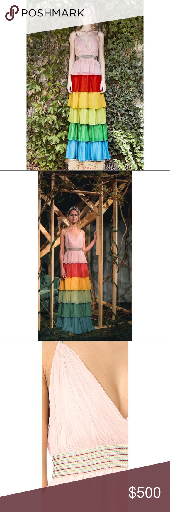 Alice + Olivia Luba Rainbow Ruffle Maxi Dress New With Tags! Alice + Olivia Luba Rainbow Ruffle Tiered Maxi Dress US Size 2 Eye-catching tiered gown with embroidered waistband. Shoulder straps. Surplice V-neckline. Banded waist. Tiered skirt. Back zip closure. Lined. About 58" from shoulder to hem. Sold Out In All Stores And Online This Dress Is A Must Have For Any Spring Occasion! Please Note The Inside Label Has Been Snipped From Sample Production! Alice + Olivia Dresses Maxi