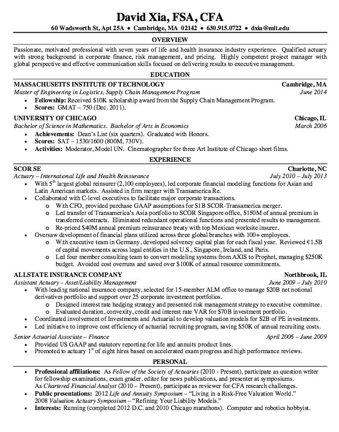 sample actuarial resumes
