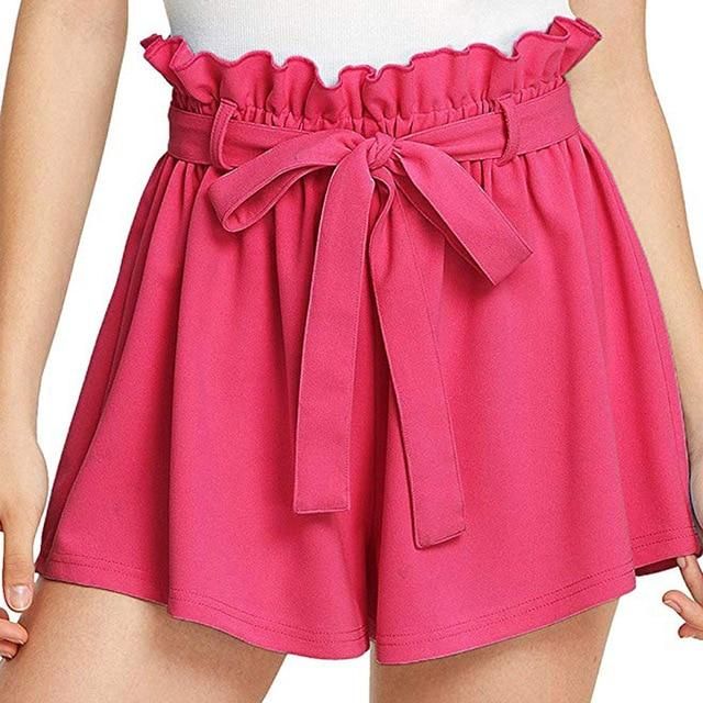 Shakumy Women Casual Elastic Waist Bowknot Summer Beach Shorts with Pockets Plain Ruffle Bow Tie Walking Shorts Hot Pants