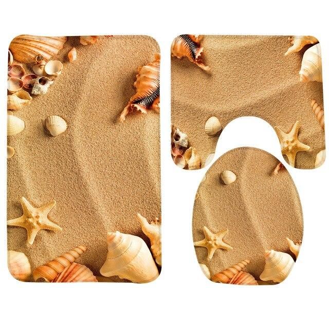 Starfish Sea Shell Bathroom Carpet Rug Non-Slip 3 Pcs Beach Bath Foot Mat Set