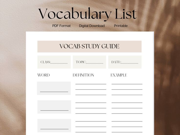 Vocab or Glossary Study Sheet Printable Learning Study Note Digital Vocab or Glossary Study Sheet Printable Learning Study Note Digital