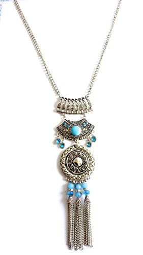 collier bohème Bobo Gypsy Style Pompon Turquoise Long Chaîne Ras du cou Necklace