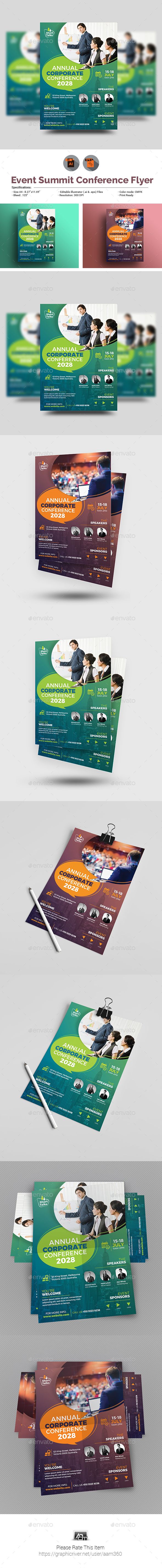 Annual Corporate Conference Flyer INFORMATIONS FOR THIS FLYER TEMPLATE:FEATURES:Size: 8.27"x11.69"Bleed: .25"Three Color Variations Fully editable Illustrator AI & EPS file Files Included : adobe illustrator CS5 & CC Format (AI, EPS)Free Fonts Used Clean & Modern Design 300 DPI CMYK Help file included Font Download Links: Montserrat PLEASE NOTE :Sample photos as used on the preview