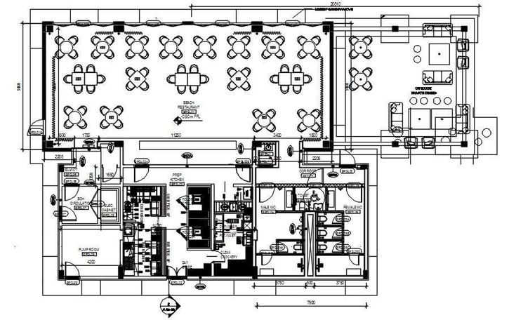 Beach grill Restaurant furniture floor plan design is given in this