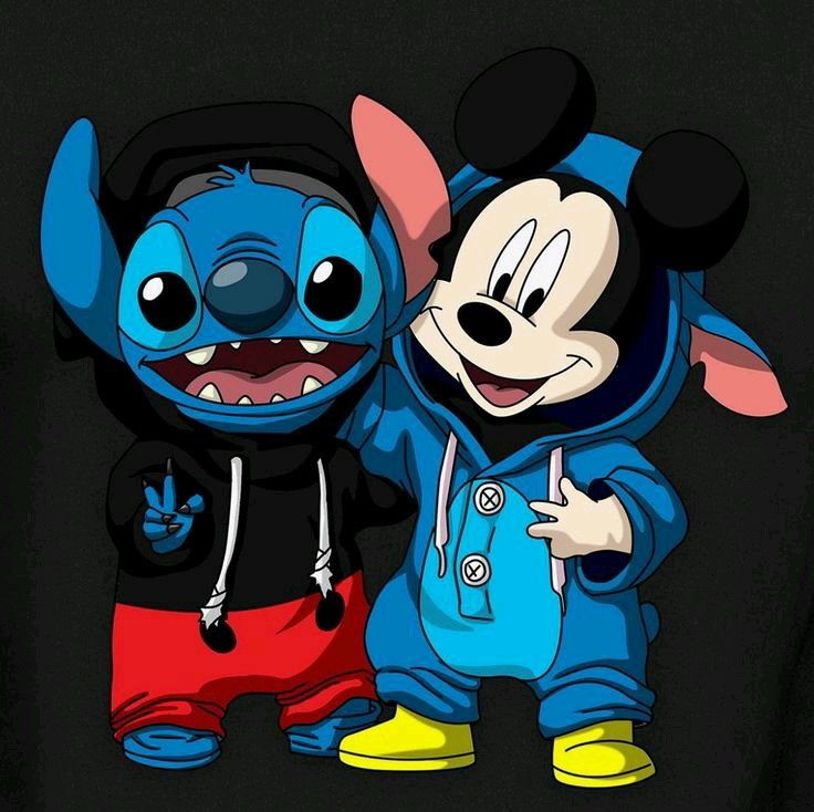 two cartoon characters standing next to each other in front of a black background with the caption stitch lovers