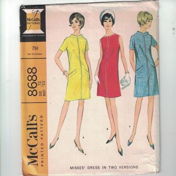 1960s Vintage Sewing Pattern Mccalls 8688 Misses A Line Dress
