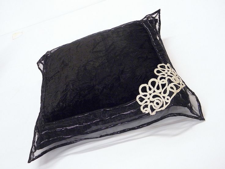 Pillow case decorative velour throw pillow, black silk velvet cushion with black and silver and lace modern gothic home decoration black