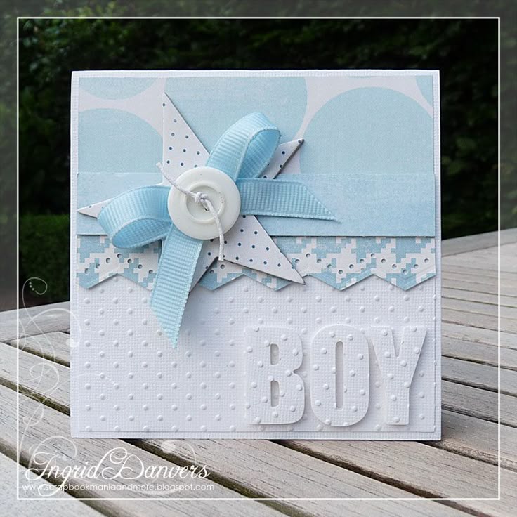 Baby Girl Card Making Ideas Part - 30: Baby Boy Blues - Swiss Dots, Star, Button, Bow And Matching Blue Patterns Make A Sweet Handmade Baby Card. Similar Pattern For A Girl Card!