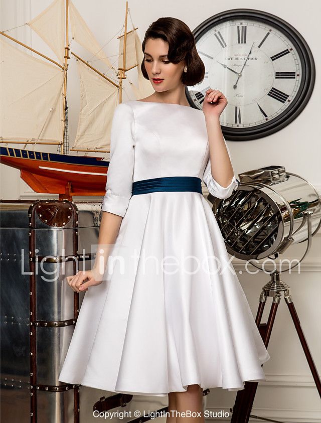 corte en a bateau neck hasta la rodilla satén vestidos de novia
