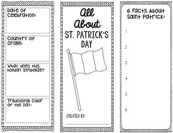 Saint Patrick's Day Research Template with Interactive Notebook Pocket. Your students will locate the following information: the date of celebration, country of origin, Irish flag colors, what does the holiday symbolize, traditional holiday color, Saint Patrick facts, how the student's country celebrates, popular holiday dishes, a short paragraph about believing in luck, explanation of the following symbols - Celtic knot, Claddagh ring, rainbows, leprechaun, and shamrocks.