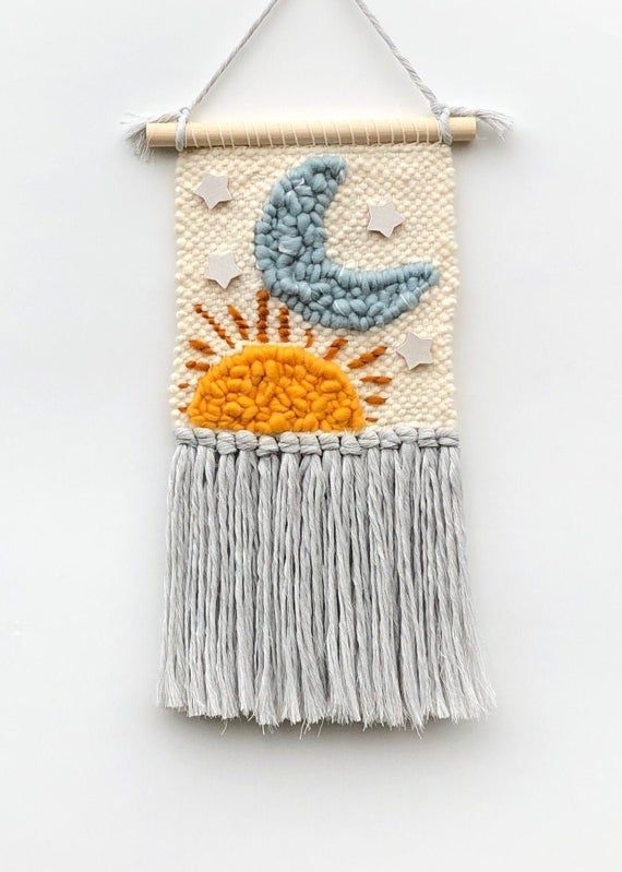Ready to ship fiber art weaving wall hanging for nursery kids space celestial bedroom. Crescent moon woven wall charm