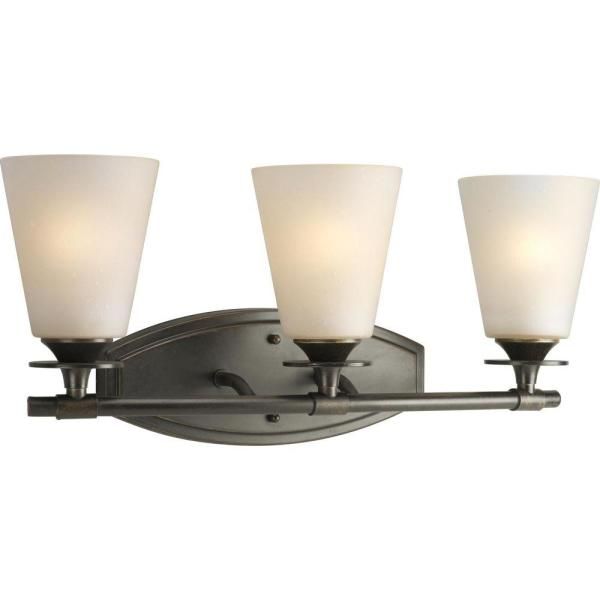 Progress Lighting P3248-09 3-Light Bath Bracket with Etched/Painted White Inside Glass Shades Progress Lighting P3248-09 3-Light Bath Bracket with Etched/Painted White Inside Glass Shades