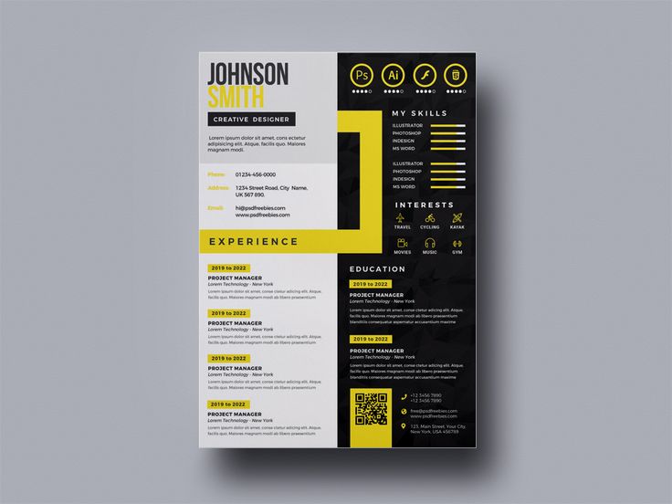 a yellow and black resume is shown on a gray background with the words, experience