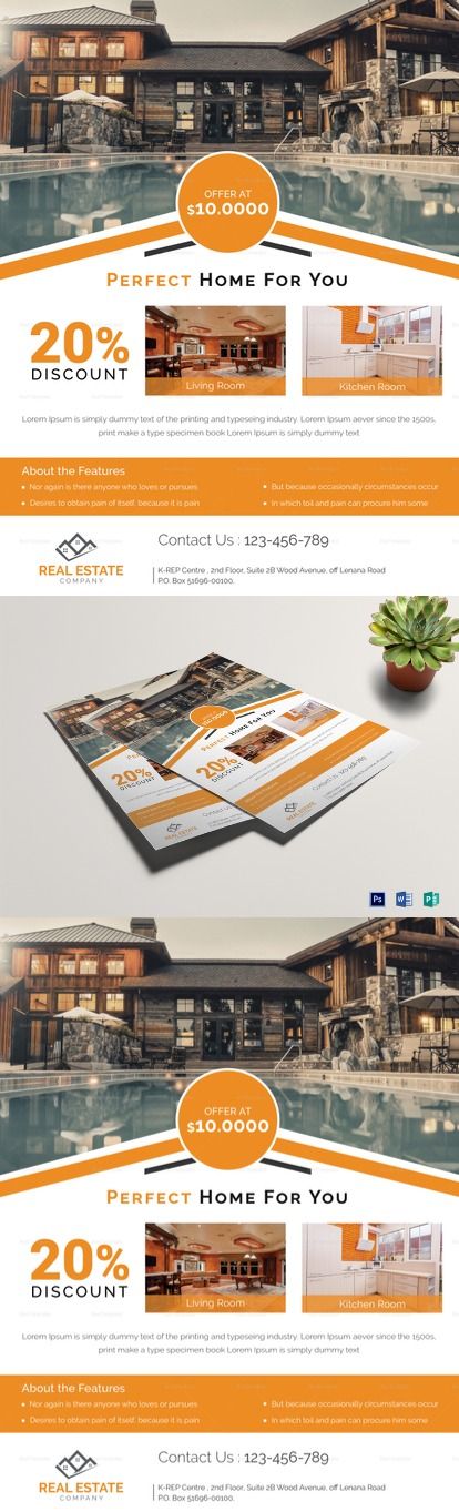 Orange Real Estate Flyer Template, Printable, Easy to edit design in various formats - Formats Included : MS Word, Photoshop, Publisher File -Size : 8.5x11 Inchs