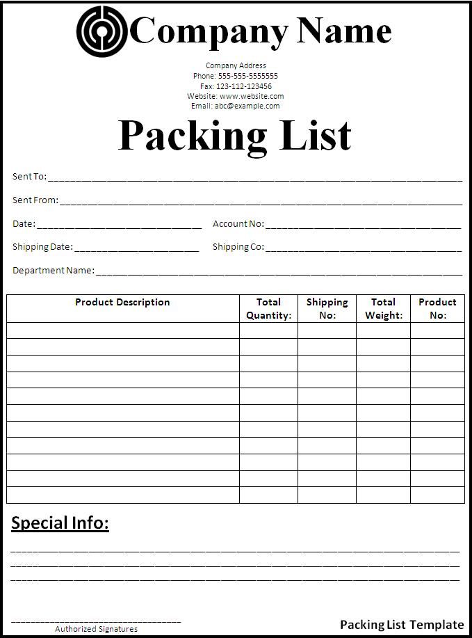 packing list template pdf