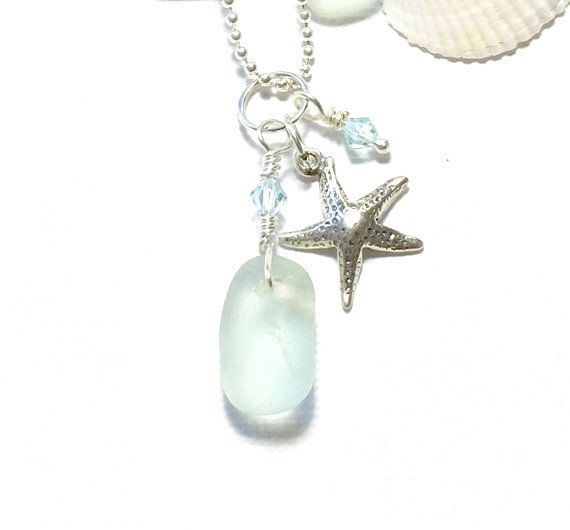 Genuine Sea Glass Jewelry Seafoam Sea Glass Necklace Starfish Charm Beach Jewelry Sea Glass Starfish Beach Wedding Jewelry