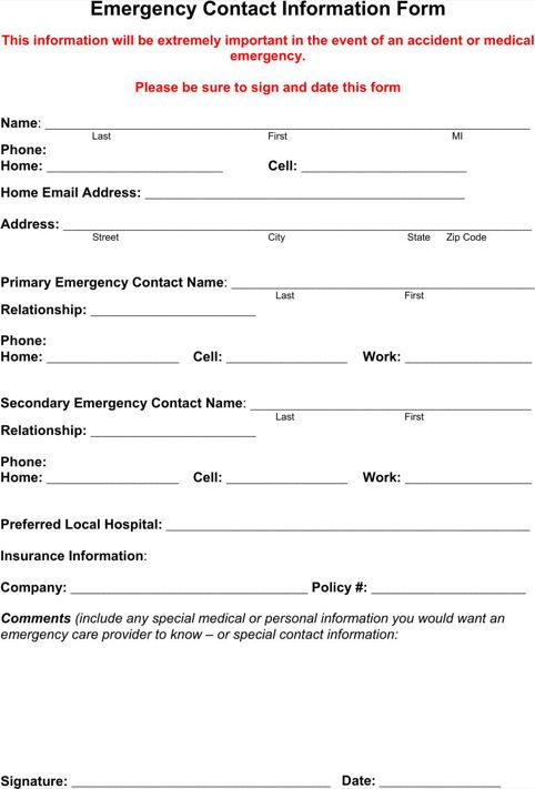 emergency contact form emergency contact form emergency sample sign in sheet word