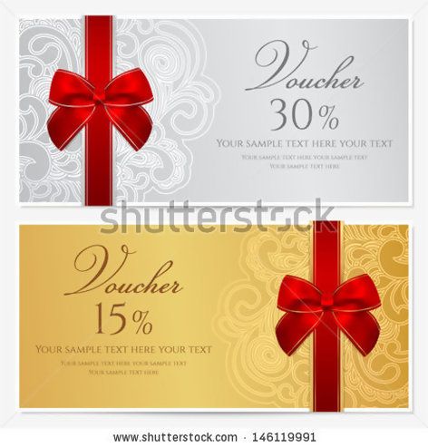 Voucher, Gift certificate, Coupon template with border, frame, bow ribbons Background design for invitation, banknote, money design, currency, check cheque Vector in gold, red maroon colors