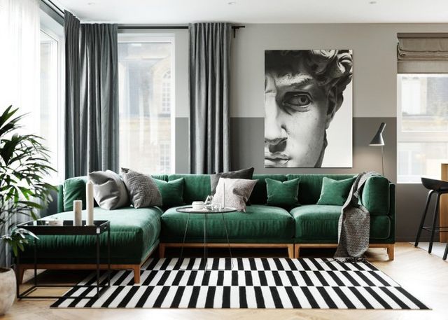 Un Appartement Bleu Et Vert En Russie Planete Deco A Homes World Green Sofa Living Room Green Apartment Living Room Decor Modern